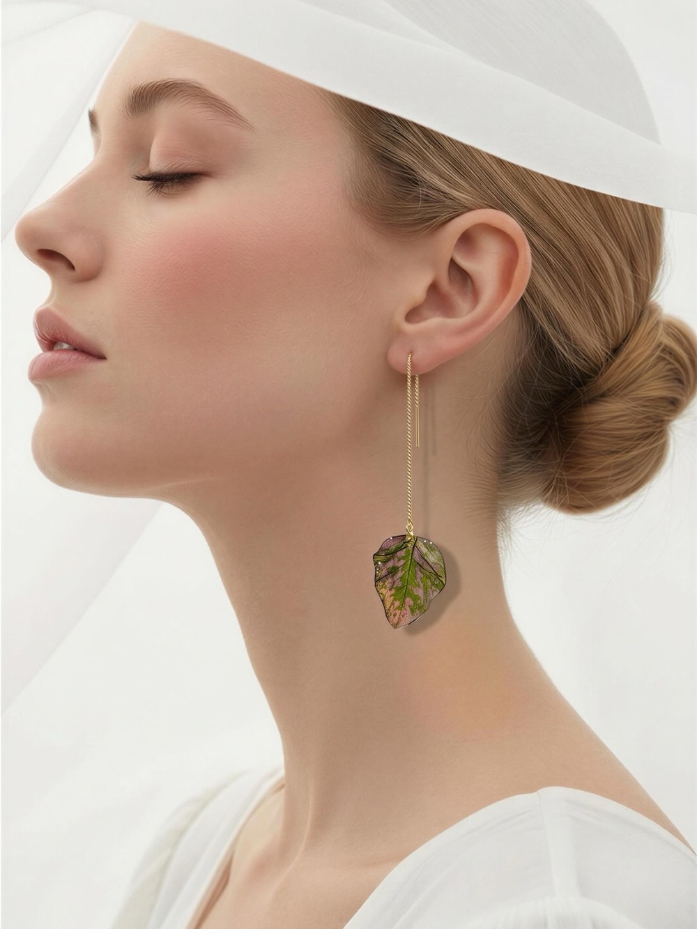 Gold Drop Leaf Earrings in Pink and Green - Designer Women Jewelry